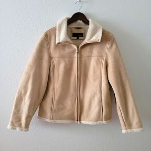 Utex faux suede coat size L tan zip up front faux shearling lining warm